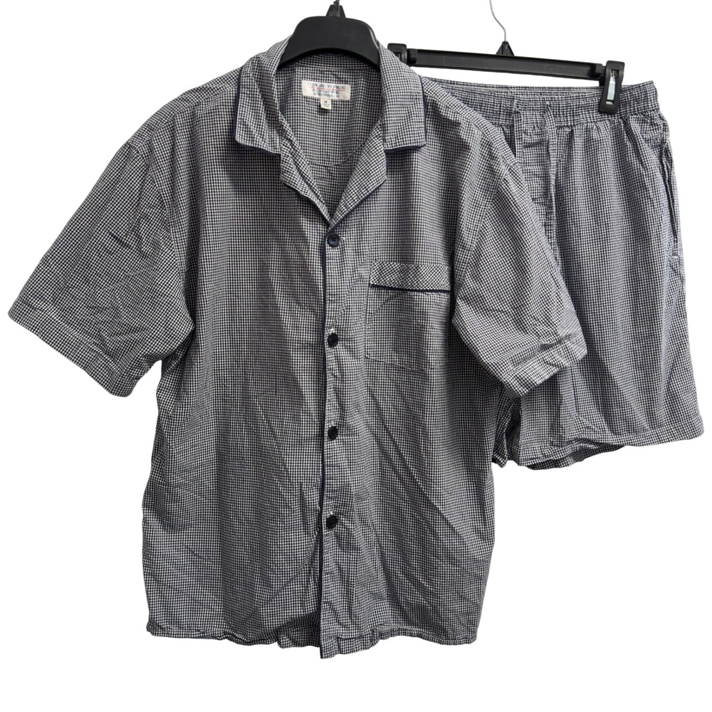 Roundtree & Yorke Mens Size M Pajama Set Navy Gingham Cotton Short Sleeve Shorts